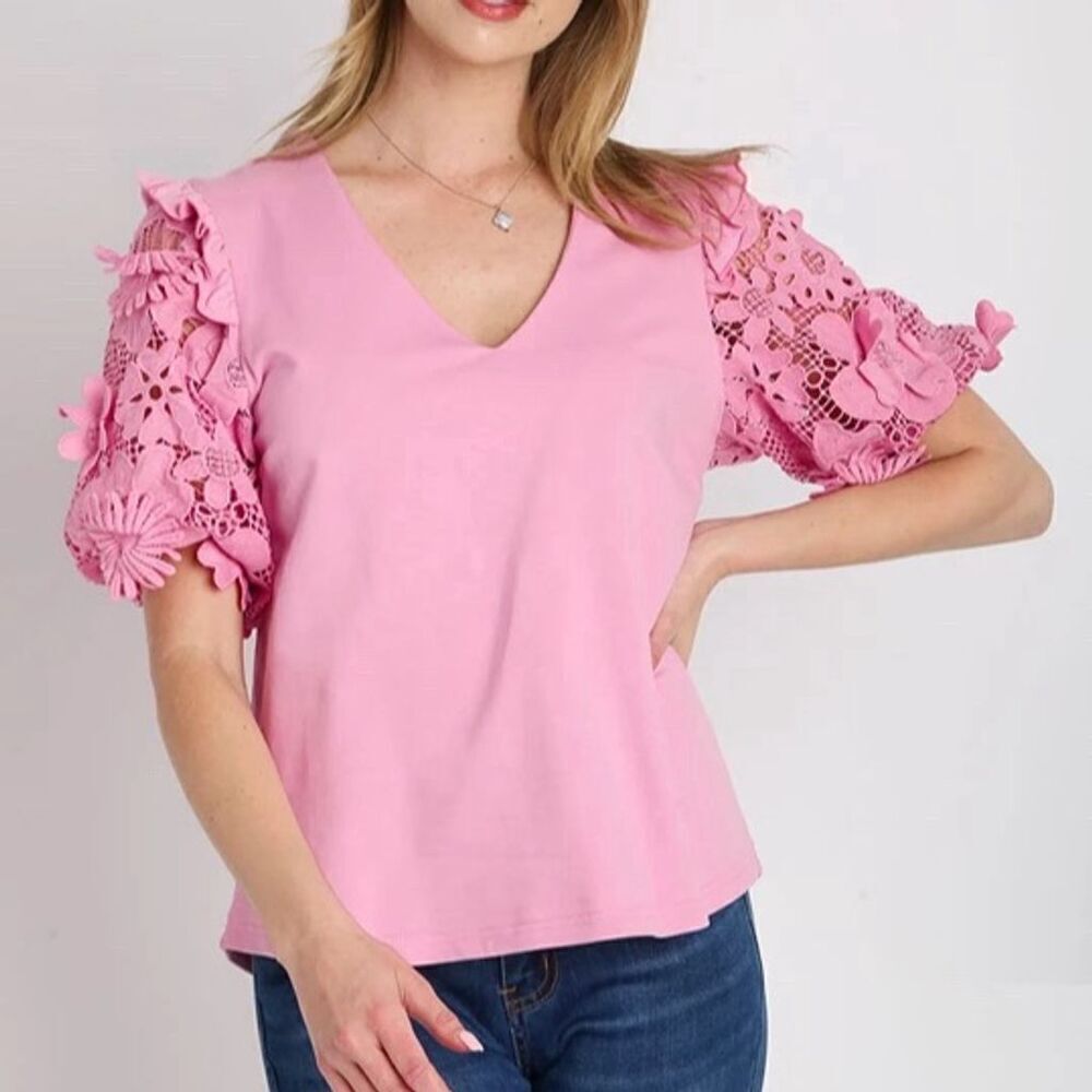 Women's Pink Floral Lace V-Neck Blouse Longer Sleeve Garden Party Top